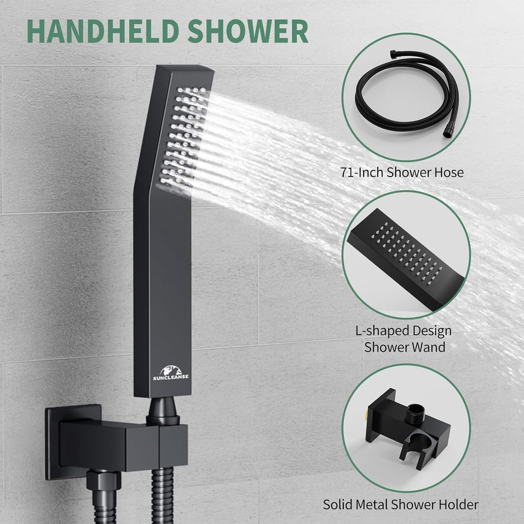 SunCleanse Rainfall Shower Faucet Set Matte Black Shower Combo Set for Bathroom with High Pressure 10 inch Shower Head with Handheld Shower Valves Shower Head and Handheld Ceiling Mounted
