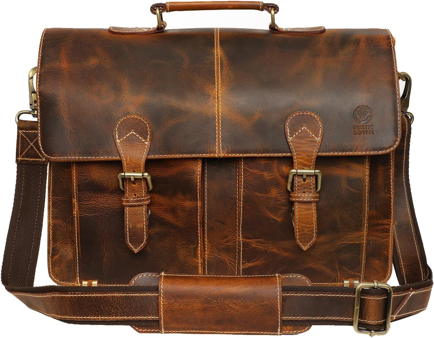RUSTIC TOWN Handmade Leather Shoulder Briefcase Messenger Bag Mens 16 inch Laptop Satchel