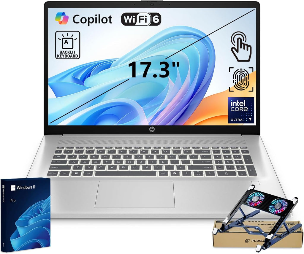 HP Pro Business Copliot AI Laptop PC, 17.3' Touchscreen, Intel Ultra 7 255U, 16GB DDR5, 2TB SSD, Wi-Fi 6, Webcam, Backlit Keyboard, Fingerprint Reader, Bundle with PCO Laptop Cooler