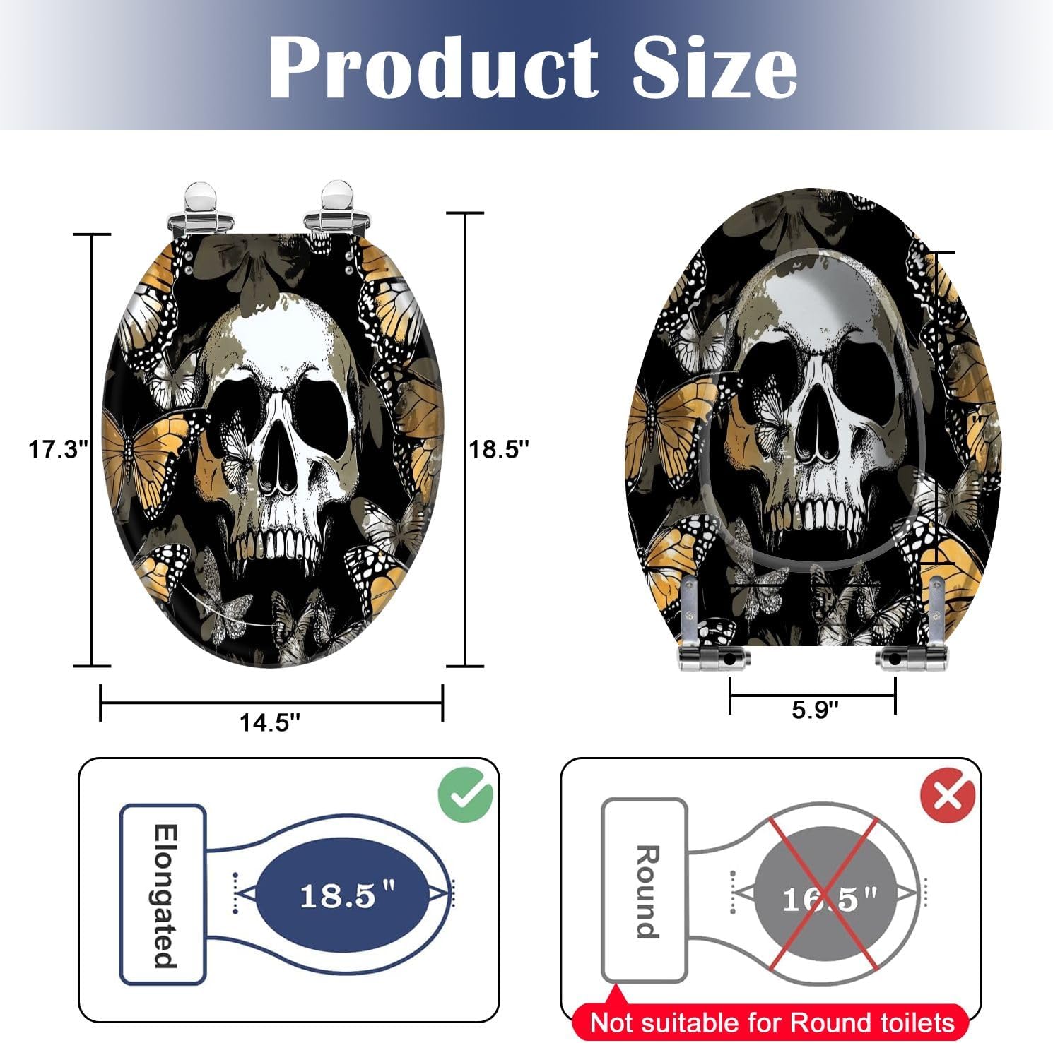 Elongated Toilet Seat Seamless pattern Gold silver Human skulls exotic Butterflies Textile Resin Toilet Seat Slow Quiet Close with Quick-Release Hinges Toilet Seat with Cover Easy to Clean Install