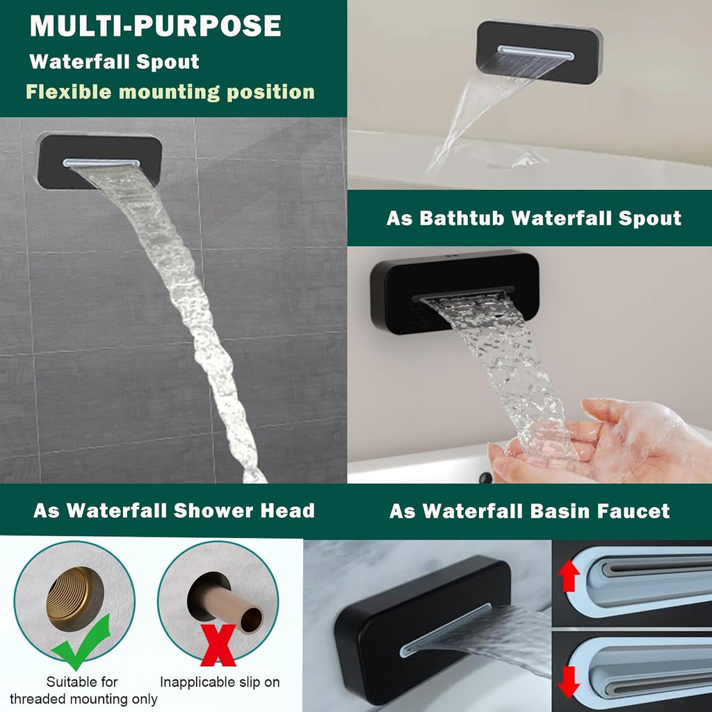 Bathroom Shower Faucet Set Dual Shower Heads Shower System with 12' & 8' Shower Heads, Handheld,Waterfall Bathtub Spout and Digital Display Valve,Full Body Shower System,Matte Black