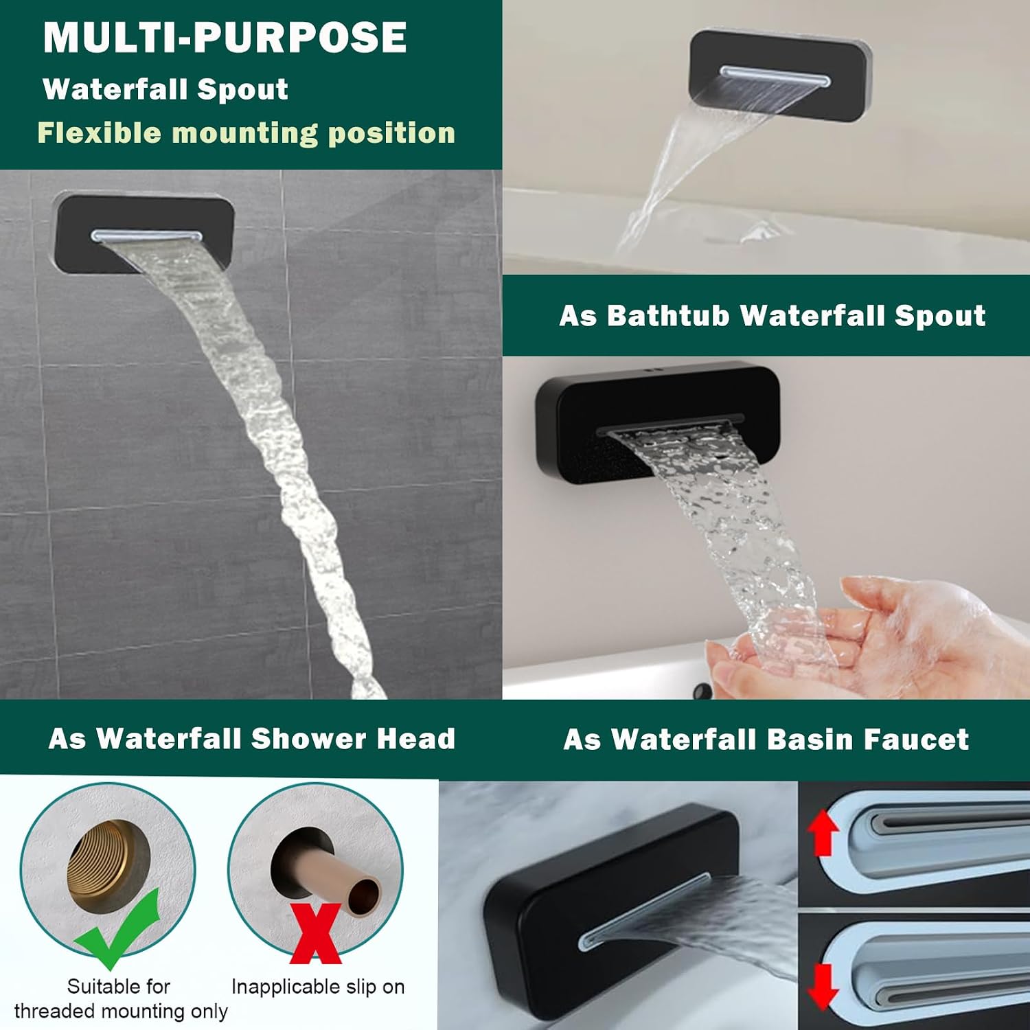 Bathroom Shower Faucet Set Dual Shower Heads Shower System with 12' & 8' Shower Heads, Handheld,Waterfall Bathtub Spout and Digital Display Valve,Full Body Shower System,Matte Black
