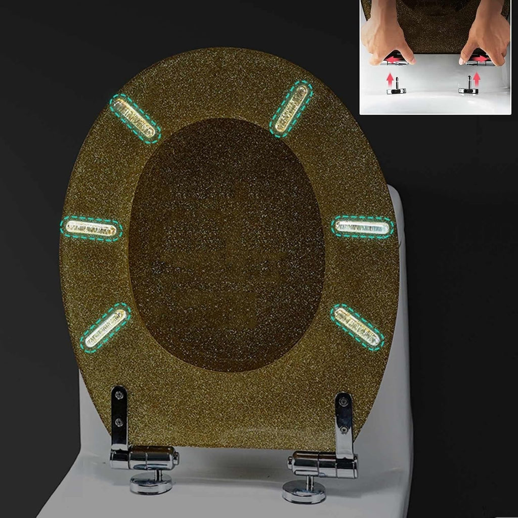 Resin Toilet Seat, Glitter Toilet Seat Slow Close Bathroom Toilet Lid, Thicken Toilet Seat Cover, with Top Fixing Hinge, Quick Release, Easy Installation and Clea,Silver，Gold