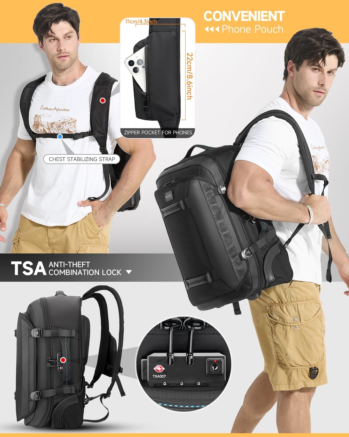 Backpack with wheels,Rolling laptop backpack with 2 Packing Cubes,Water-Resistant,Wheeled backpack Suitcase for Men Adults to Travel, Commuting,Black