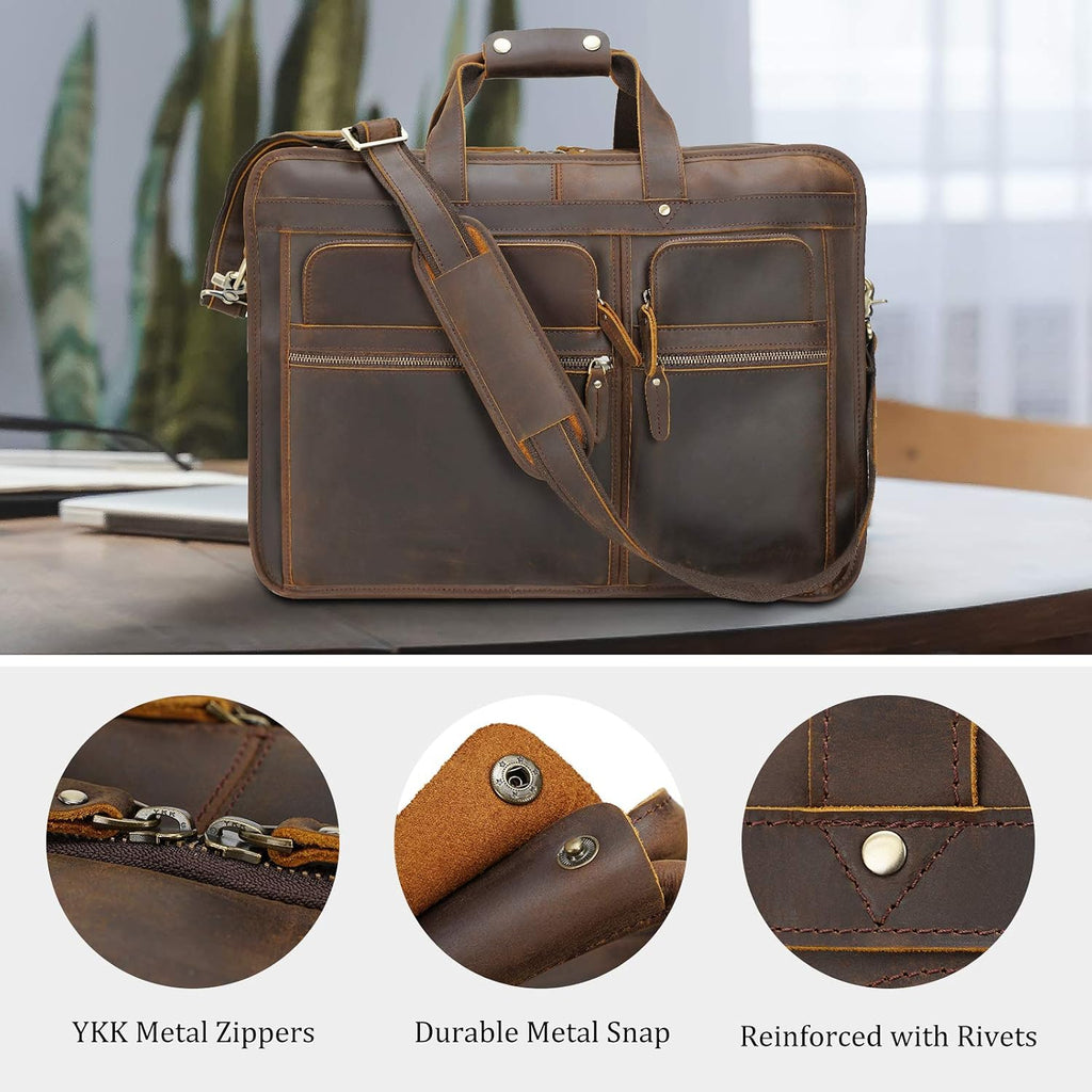 Polare 18.5' Full Grain Leather Laptop Briefcase Messenger Bag Tote For Men Large Fits 17.3' Laptop
