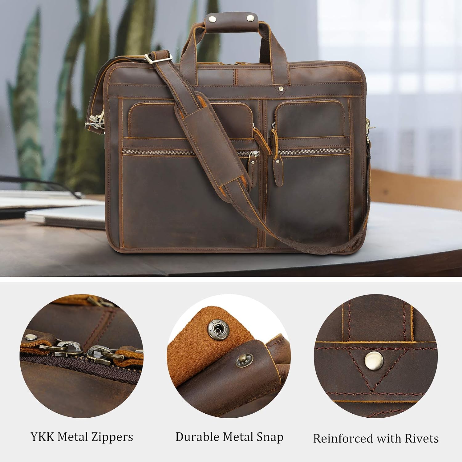 Polare 18.5' Full Grain Leather Laptop Briefcase Messenger Bag Tote For Men Large Fits 17.3' Laptop