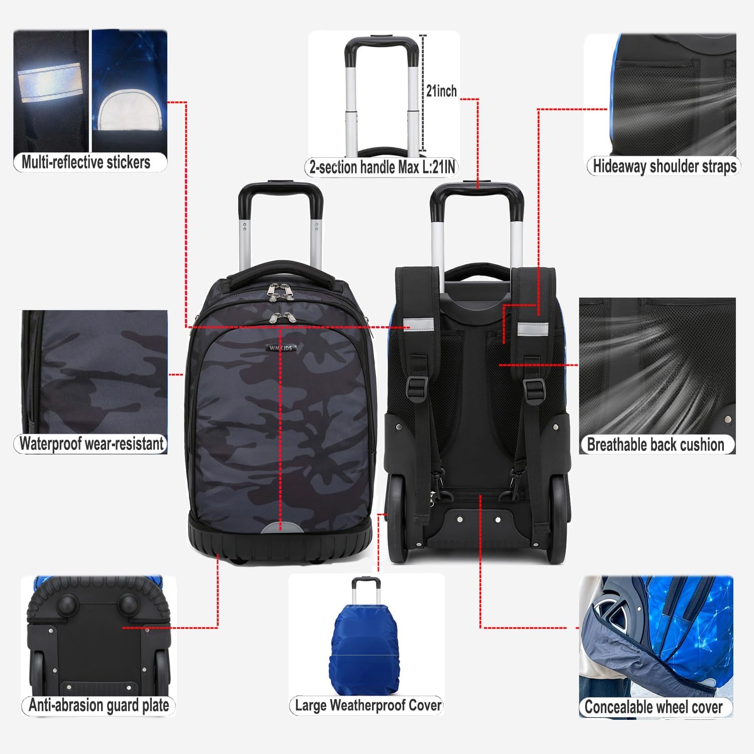 Rolling Backpack, 55L (14.5gal) Backpack with Wheels for Business, Waterproof Backpacks with Dual Handles and Silent Large Wheels, Carry on Backpack with Laptop Compartment (Black,22 inch)