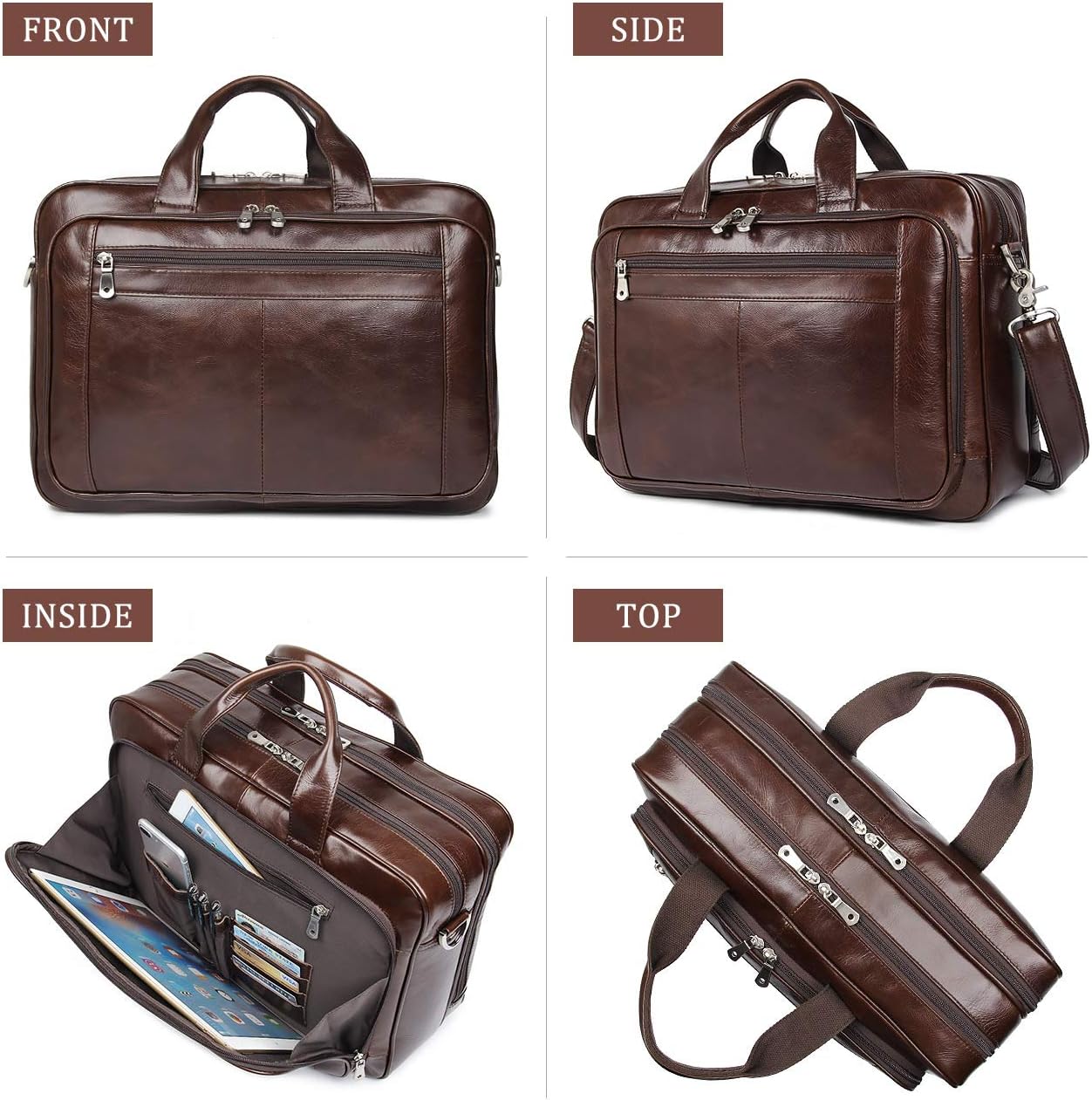 Augus Business Travel Briefcase Genuine Leather Duffel Bags for Men Laptop Bag fits 15.6 inches Laptop