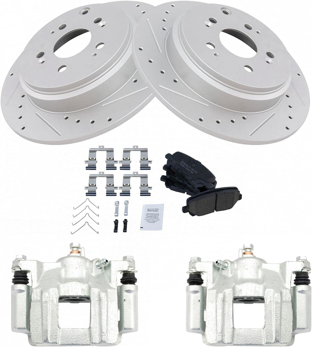 TRQ Performance Rear Brake Pad and Rotor Set Ceramic Solid Rotors Calipers Compatible with 2009-2015 Honda Pilot