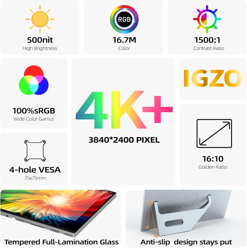 Intehill 4K Portable Monitor for Laptop, 13.4' IGZO Display with Full-Laminated Tempered Glass 500 Nits, 100% sRGB Portable Laptop Screen with Kickstand & Speakers, USB-C & HDMI Travel Monitor, U13ZC