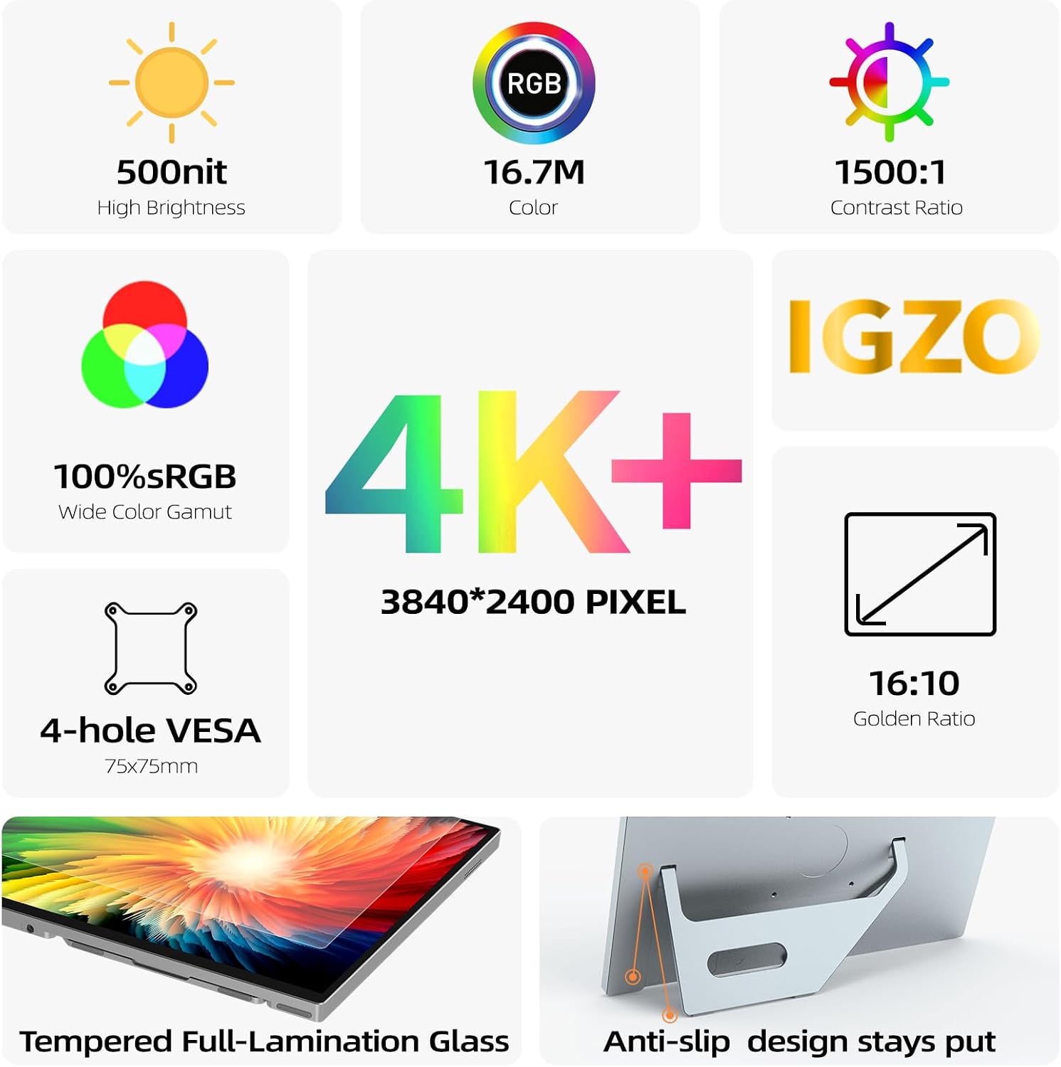 Intehill 4K Portable Monitor for Laptop, 13.4' IGZO Display with Full-Laminated Tempered Glass 500 Nits, 100% sRGB Portable Laptop Screen with Kickstand & Speakers, USB-C & HDMI Travel Monitor, U13ZC