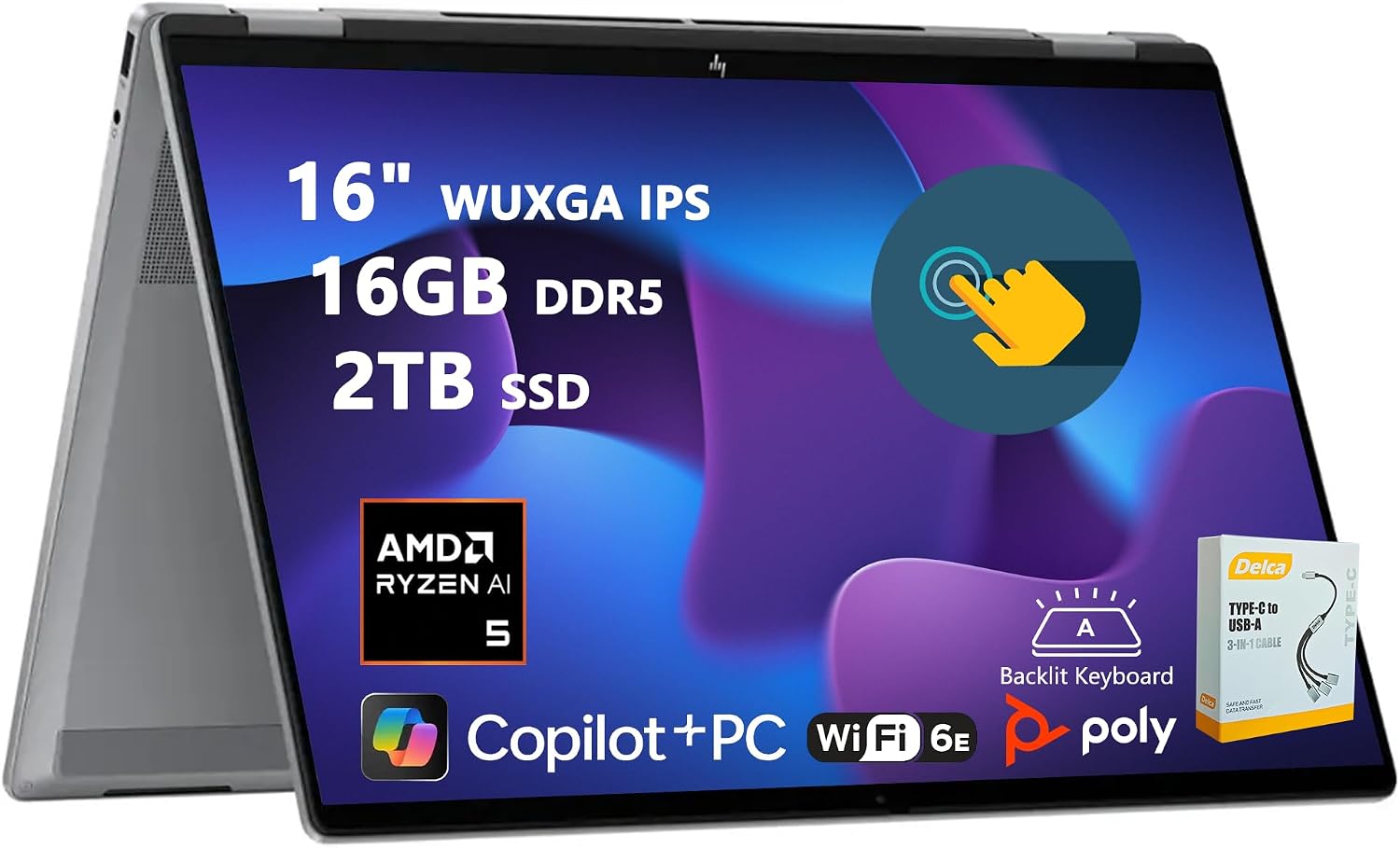HP OmniBook X Flip AI PC 2-in-1 Laptop | 16' WUXGA Touchscreen | AMD 6-Core Ryzen AI 5 340 (Up to 50 Tops) | 16GB DDR5 2TB SSD | Backlit 5MP IR Privacy Camera Win11 w/DLCA Accessory