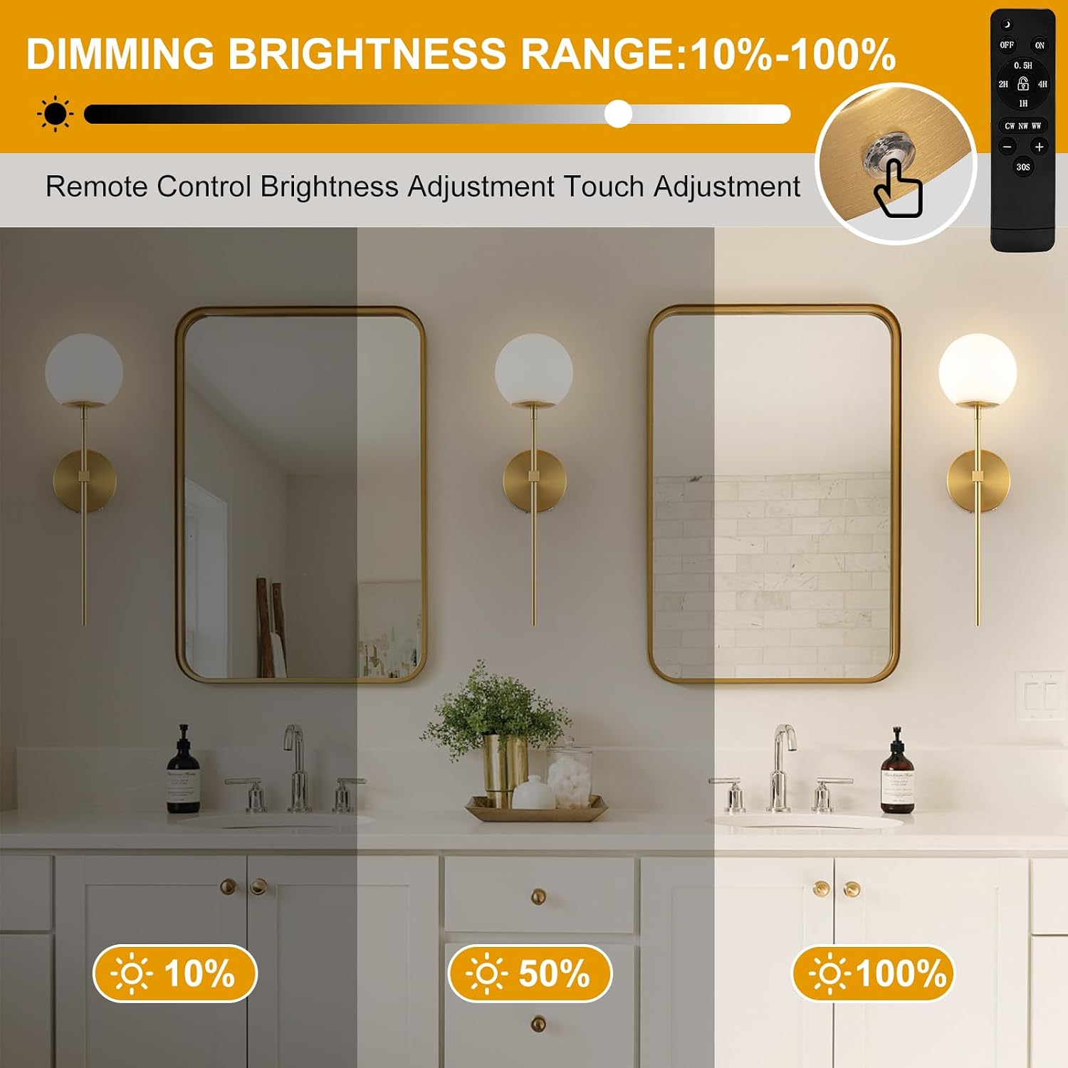 Battery Operated wall Sconce Set of 2 Glass Globe 3000K~6000K Rechargeable Gold Wall Light Fixture Wireless Wall Lights with Clear Glass Shade for Living Room, Hallway, Bedroom(2 Pack)