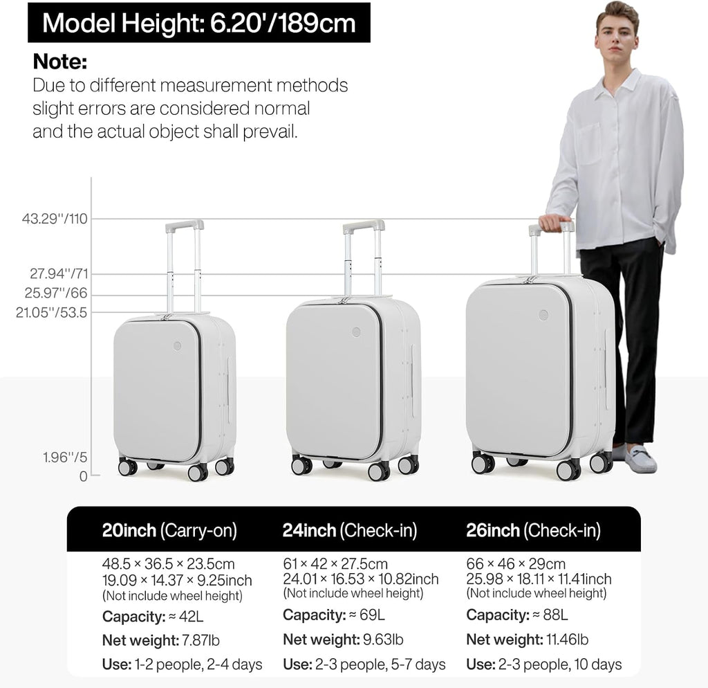 mixi 24 Inch Checked Luggage PC Hard Shell Suitcase Top Opening Aluminum Frame Travel Suitcases with Wheels, Smoke White