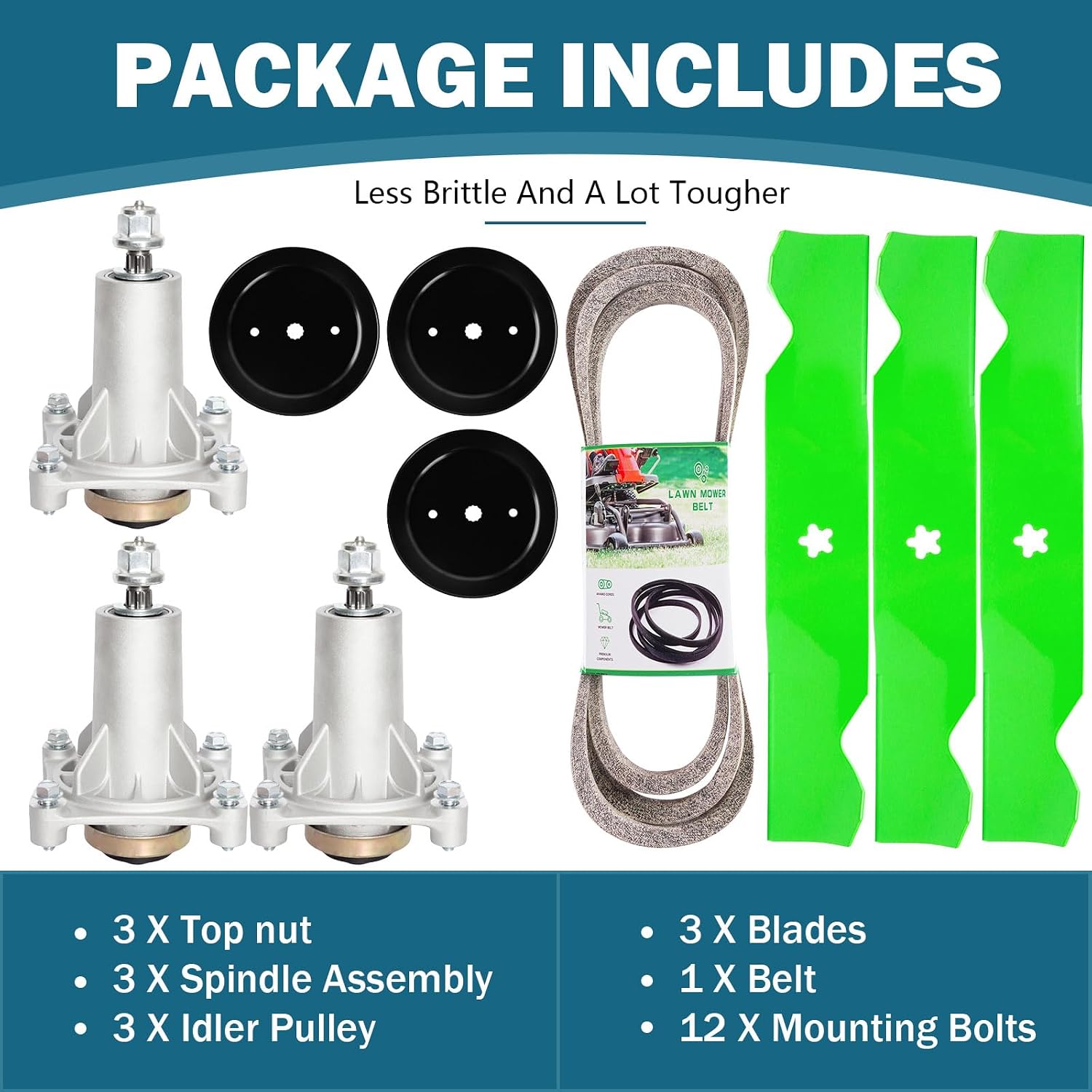 54'' Deck Rebuild Kit Fits Hus qvarna LGT2554 LGT2654 YTH2454 3 Spindle (187292) 3 Blades (187254) 3 Pulleys (153535) 1 Belt (21546382)
