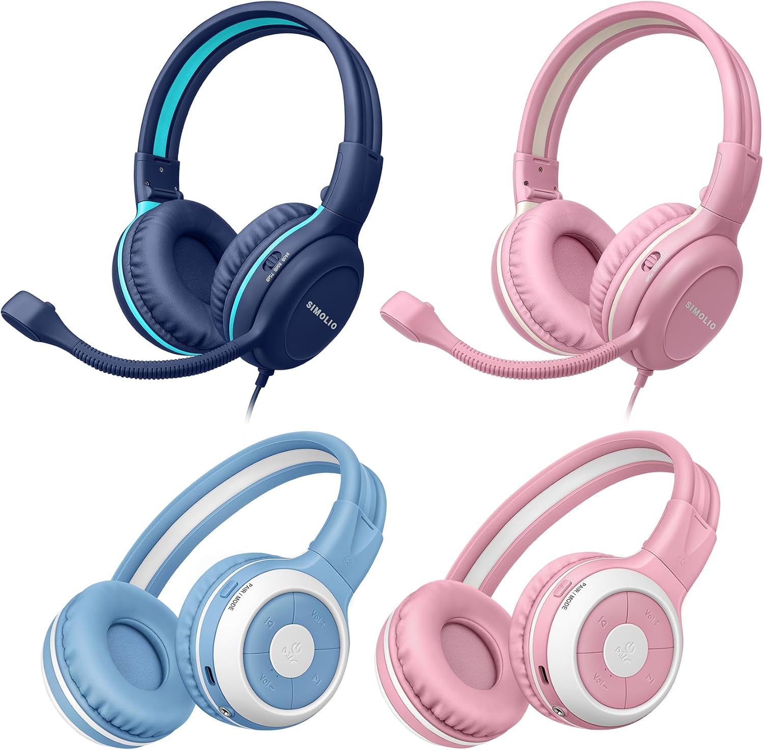 SIMOLIO Kids Headphones, Wired Kids Headset with Mic & Volume Limiter and AuraCast Wireless Headphones, Foldable, Durable, Comfortable for Girls/Boys School, Travel, Online Learning