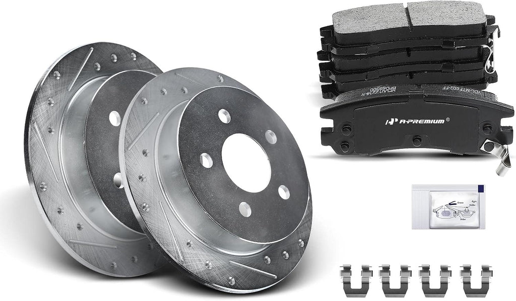 A-Premium 10.94 in(278 mm) Rear Drilled and Slotted Disc Brake Rotors + Ceramic Pads Kit Compatible with Buick, Chevy, Oldsmobile & Pontiac - Century, Impala, Monte Carlo, Grand Am, Grand Prix, 6-PC