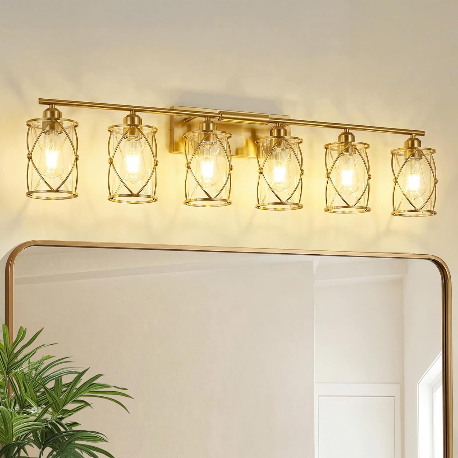 6-Light Brushed Gold Bathroom Light Fixtures Over Mirror, 42' UL-Listed Modern Wall Sconce Lights with Clear Glass and Metal Cage for Bath, Hardwire E26, CH9176BG-6W