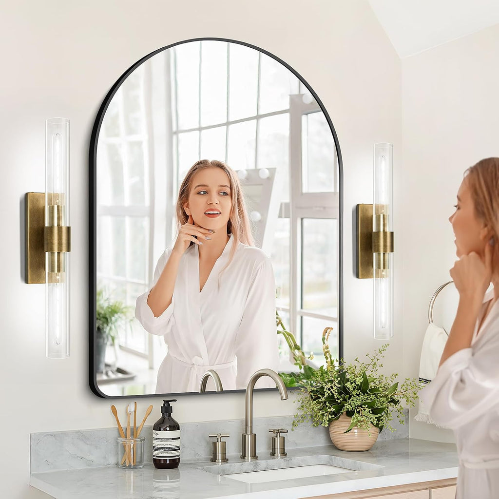 Brass and Glass Wall Sconces, 22.8' Vanity Lights for Bathroom 2 Lights, Horizontal or Vertical Linear Gold Wall Lamp, Indoor Sconces Wall Lighting, Tube Sconce for Living Room, Hallway