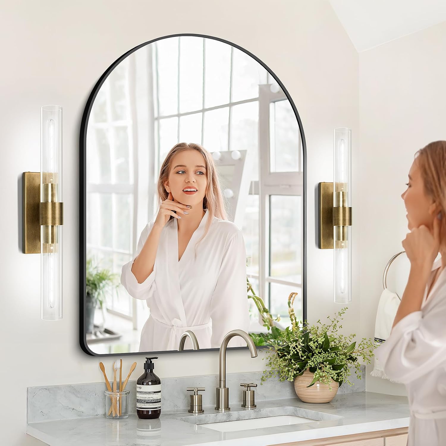 Brass and Glass Wall Sconces, 22.8' Vanity Lights for Bathroom 2 Lights, Horizontal or Vertical Linear Gold Wall Lamp, Indoor Sconces Wall Lighting, Tube Sconce for Living Room, Hallway