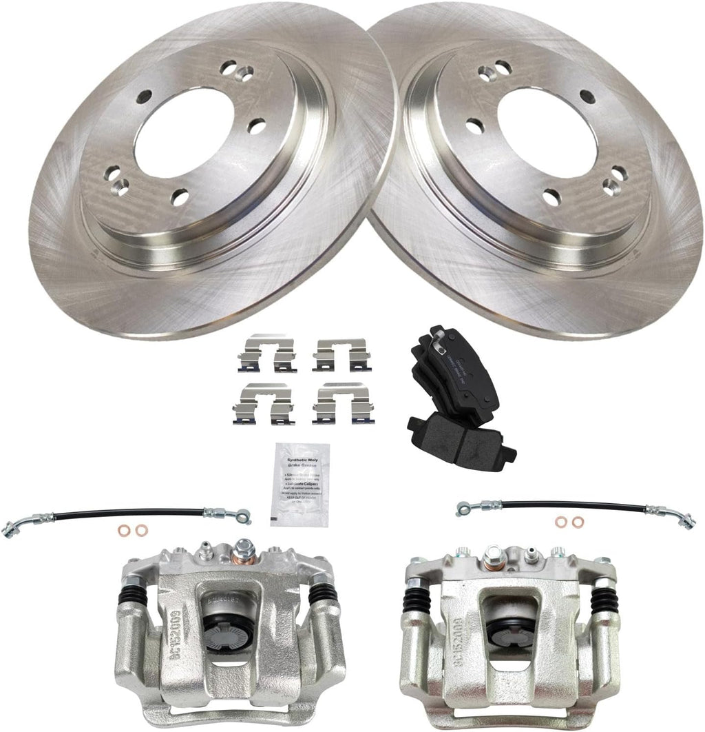 TRQ Rear Brake Pad and Rotor Set Ceramic Rotors Calipers Hoses Compatible with 2014-2016 Kia Optima