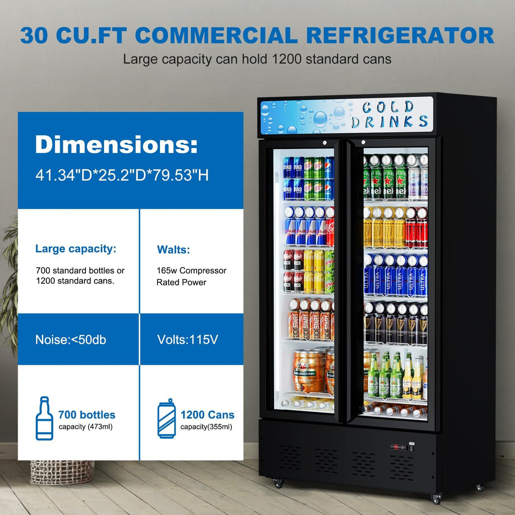 Commercial Display Refrigerator Glass Door 30 cu.ft Cooler Commercial Beverage Refrigerators with LED and 10 Shelves for Cafe, Restaurant, Store