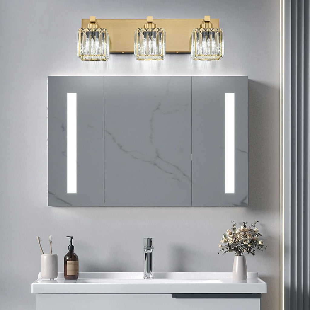 Gold Crystal Bathroom Vanity Lights Modern 3-Lights Bathroom Lighting Fixtures Over Mirror, Gold Crystal Wall Light with Square Shade