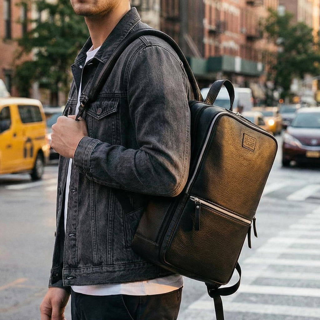 LEATHER VILLAGE Leather Laptop Backpack for Men | Black | Slim Professional Business Bag Fits 15.6'-Laptop | Water-Repellent Work & Travel Daypack with Trolley Strap