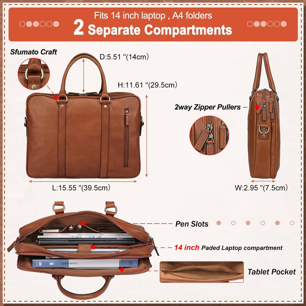 Banuce Premium Italian Full Grain Leather Briefcase for Men with Lock 14 Inch Laptop Bag Business Travel Office Work Bags with Detachable and Adjustable Strap Brown