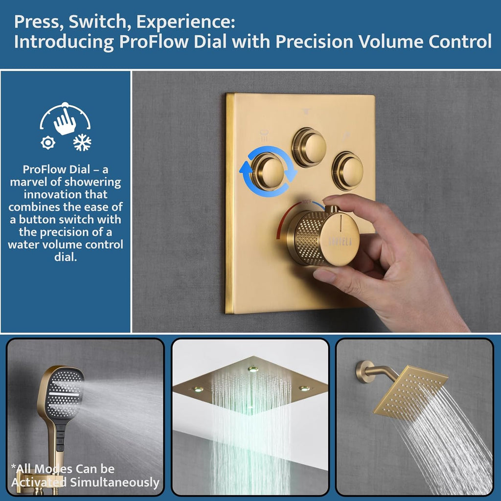 Thermostatic Shower System with Ceiling Mount 16 Inch LED Shower Head Brushed Gold, Push Button Diverter Shower Faucet with 3 in 1 Handheld, 6 Inch Shower Head【All Functions Simultaneous Use】