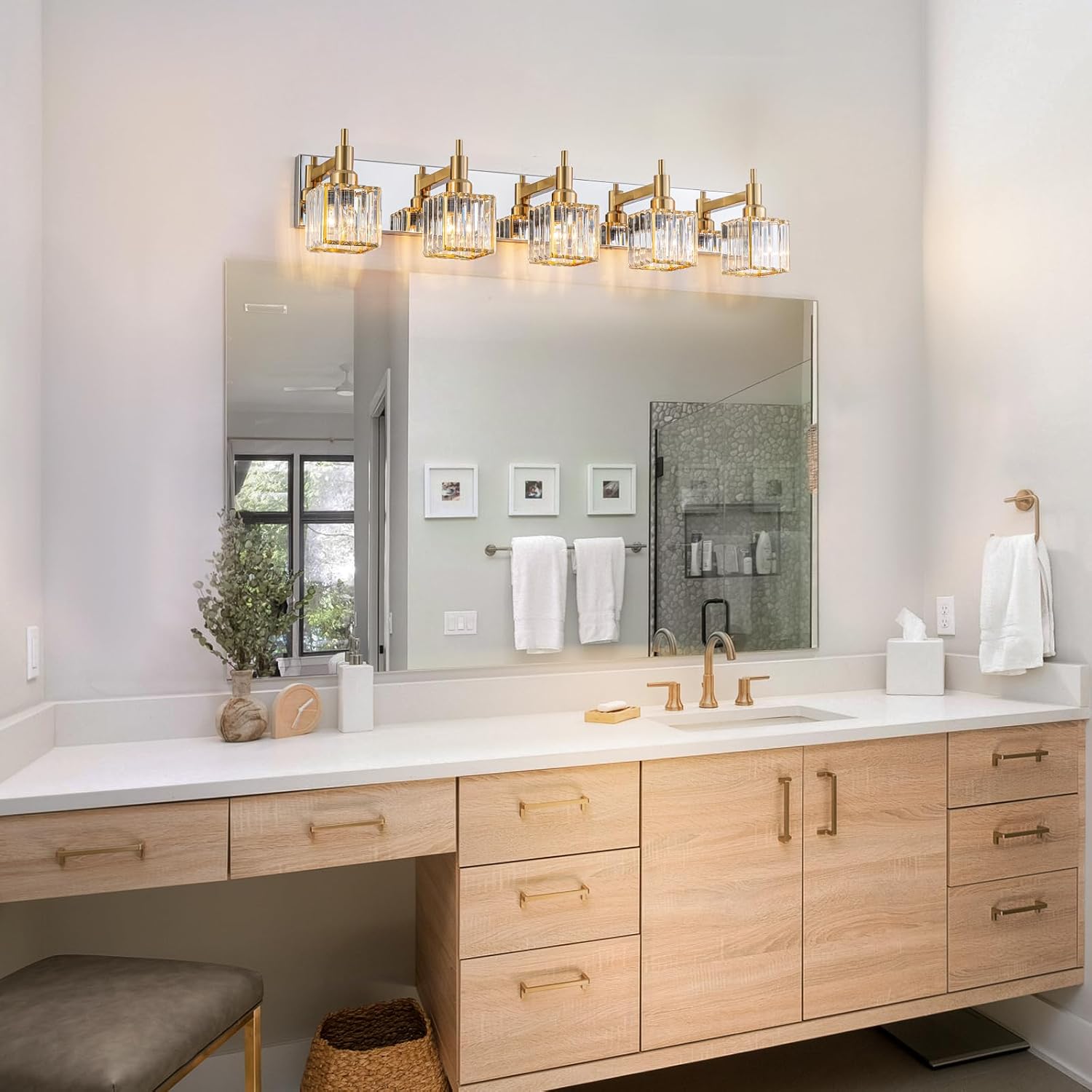 Crystal Bathroom Light Gold Chrome 5-Light Modern Bathroom Vanity Fixtures Over Mirror Square Wall Sconce