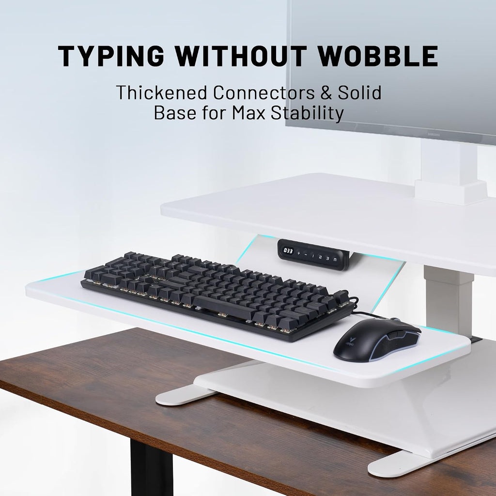 Electric Standing Desk Converter 28' Wide, Height Adjustable Desk Riser, Computer Workstation, Sit-Stand Convertor for Home, Office, School (White, 1 Arm Included)