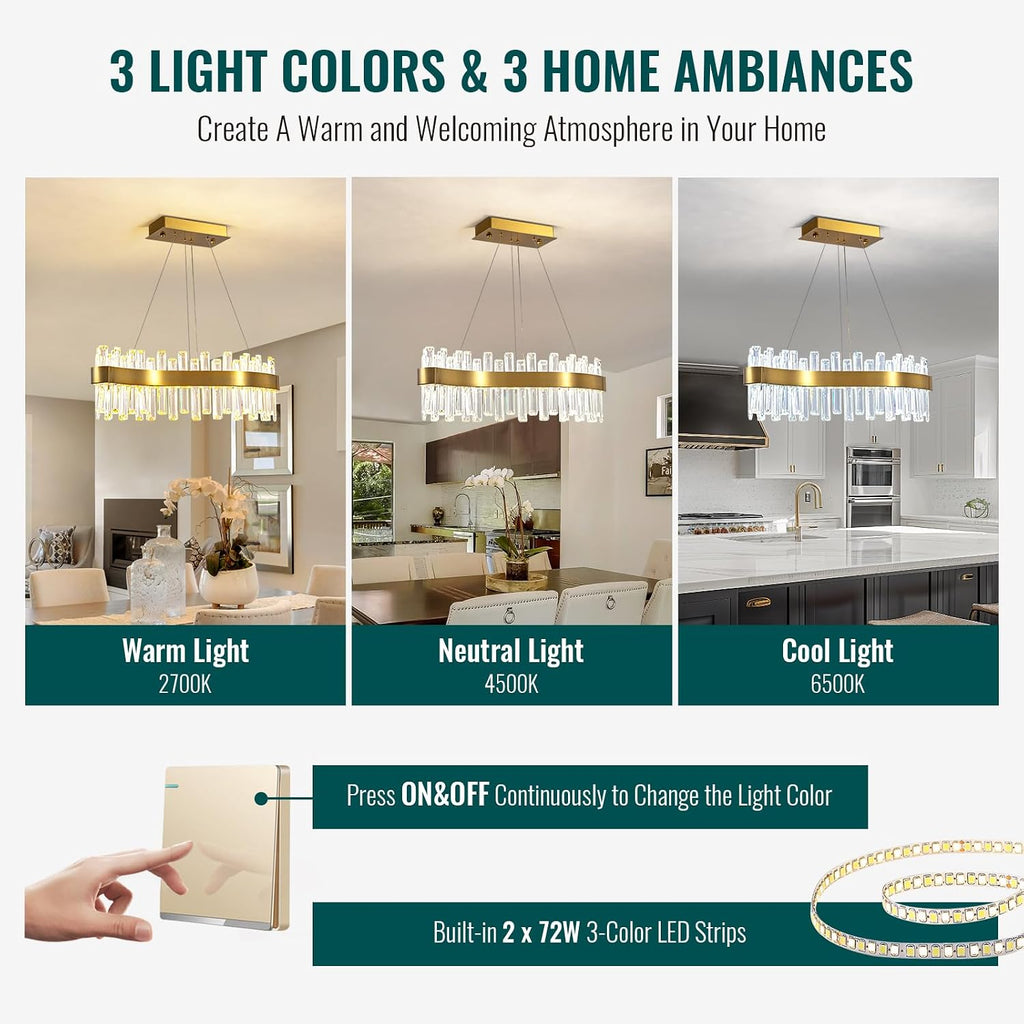 Siljoy Modern LED Crystal Chandelier, Luxury Brass Gold 2-Tiers K9 Crystal Raindrop Chandelier, Adjustable Height Linear Crystal Pendant Island Light for Living Dining Room Kitchen Island L30''