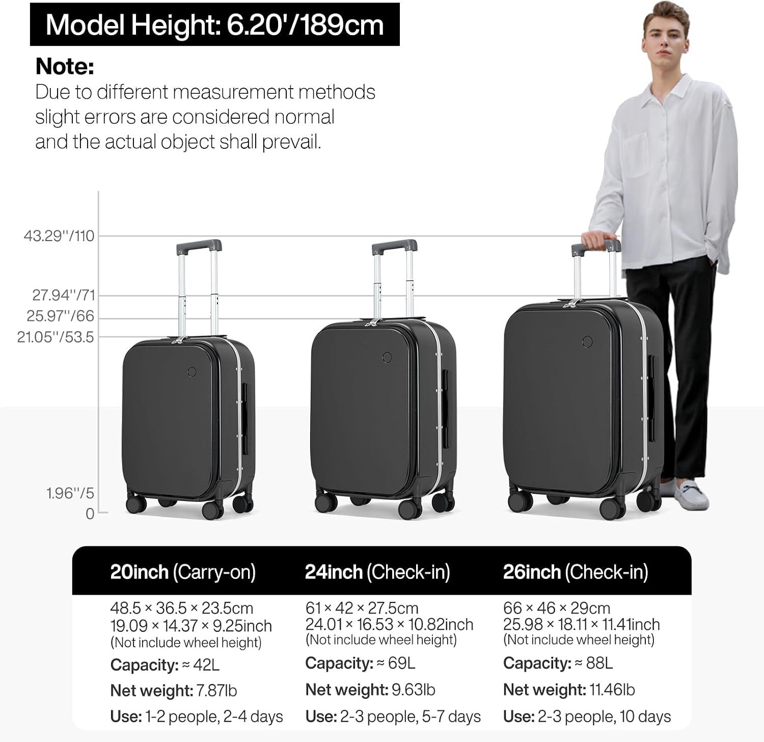 mixi 20 Inch Carry On Luggage 22x14x9 Airline Approved PC Hard Shell Suitcase Top Opening Aluminum Frame Travel Suitcases with Wheels, Blcak