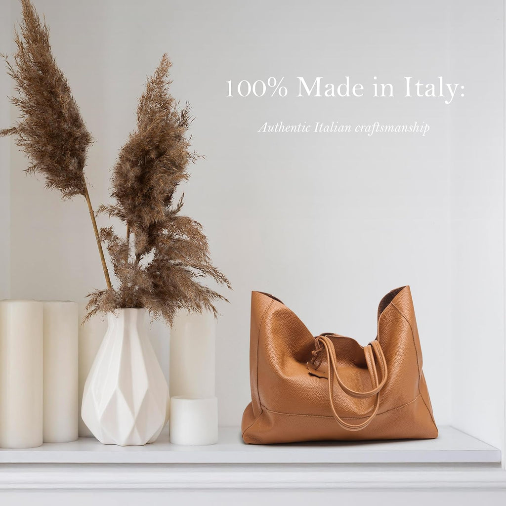 Italian Leather Tote Bag for Women - Large Shoulder Shopper, Fits 16' Laptop, Keychain Holder, Made in Italy