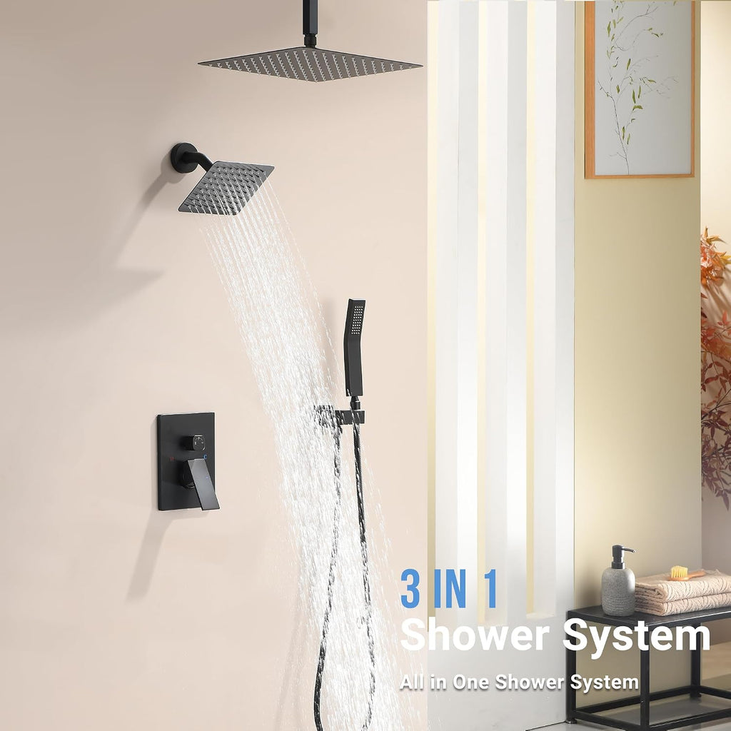 Dasan Dual Rainfall Shower System with Valve & handheld,Luxury Shower Faucet Set With Ceiling Mounted 12' & 6' Shower Head,Matte Black Tandem Shower Head System for Couples 2 Person