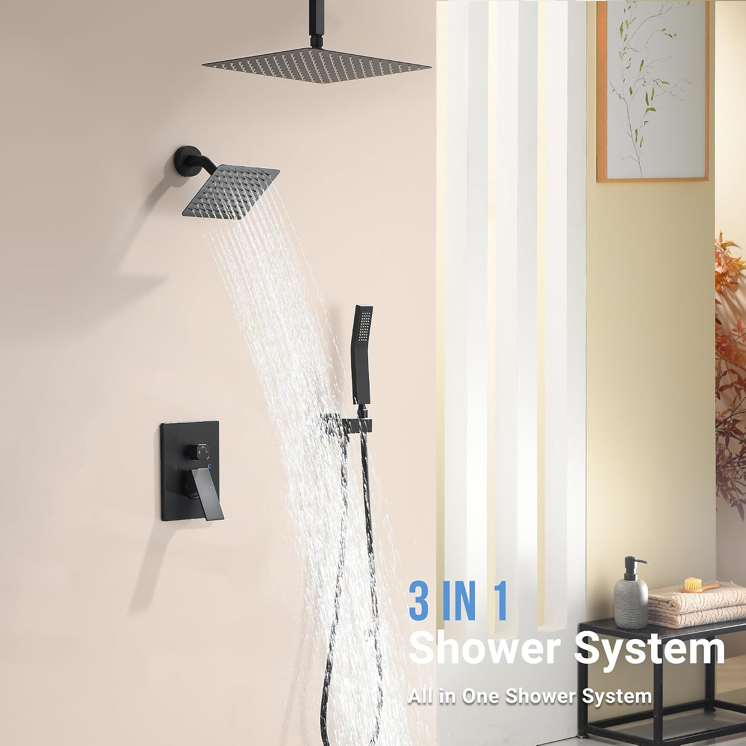 Dasan Dual Rainfall Shower System with Valve & handheld,Luxury Shower Faucet Set With Ceiling Mounted 12' & 6' Shower Head,Matte Black Tandem Shower Head System for Couples 2 Person