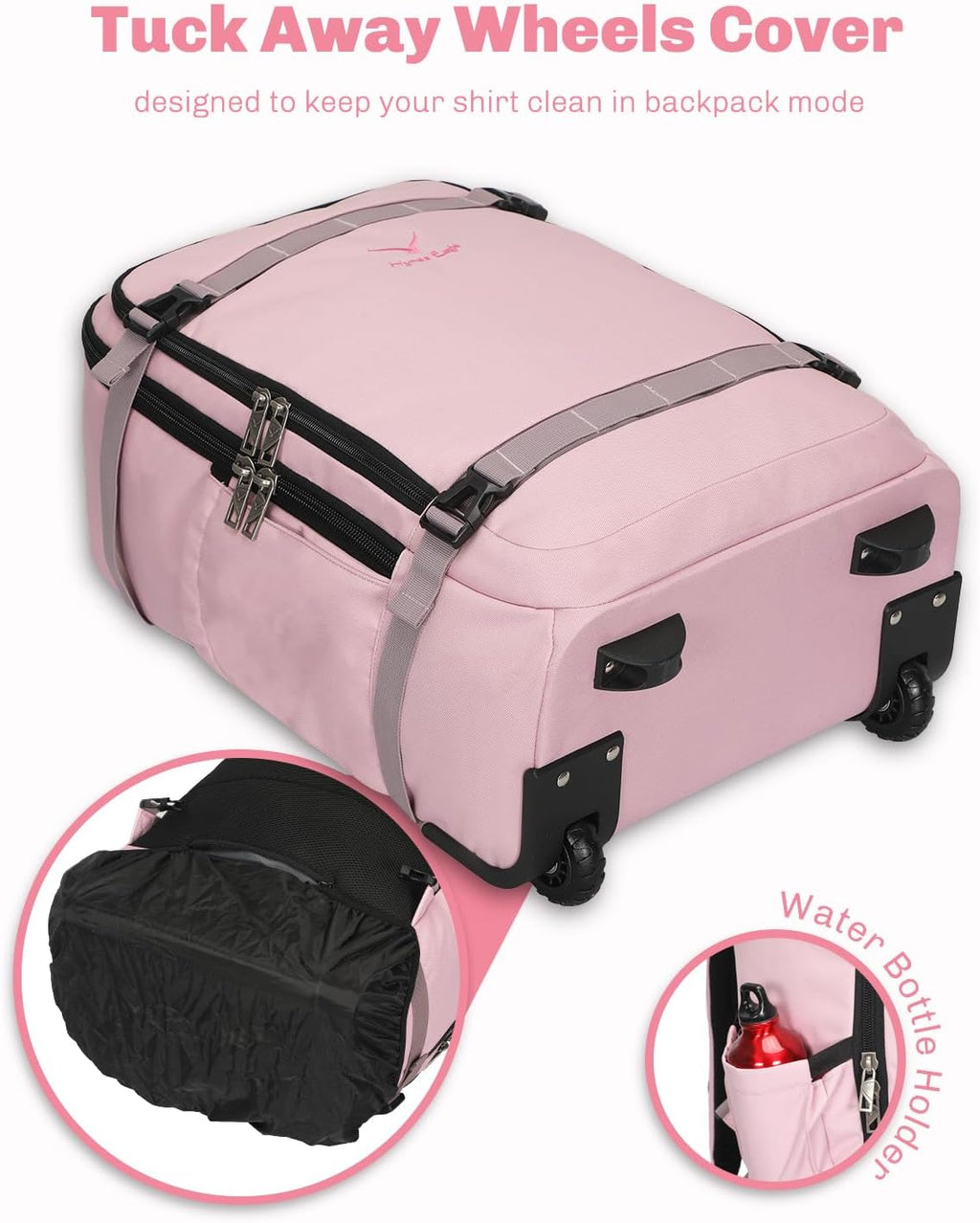 Hynes Eagle Rolling Backpack 42L Backpack with Wheels Airline Approved Carry on Luggage Laptop Travel Suitcase Bag for Women Men Light Pink