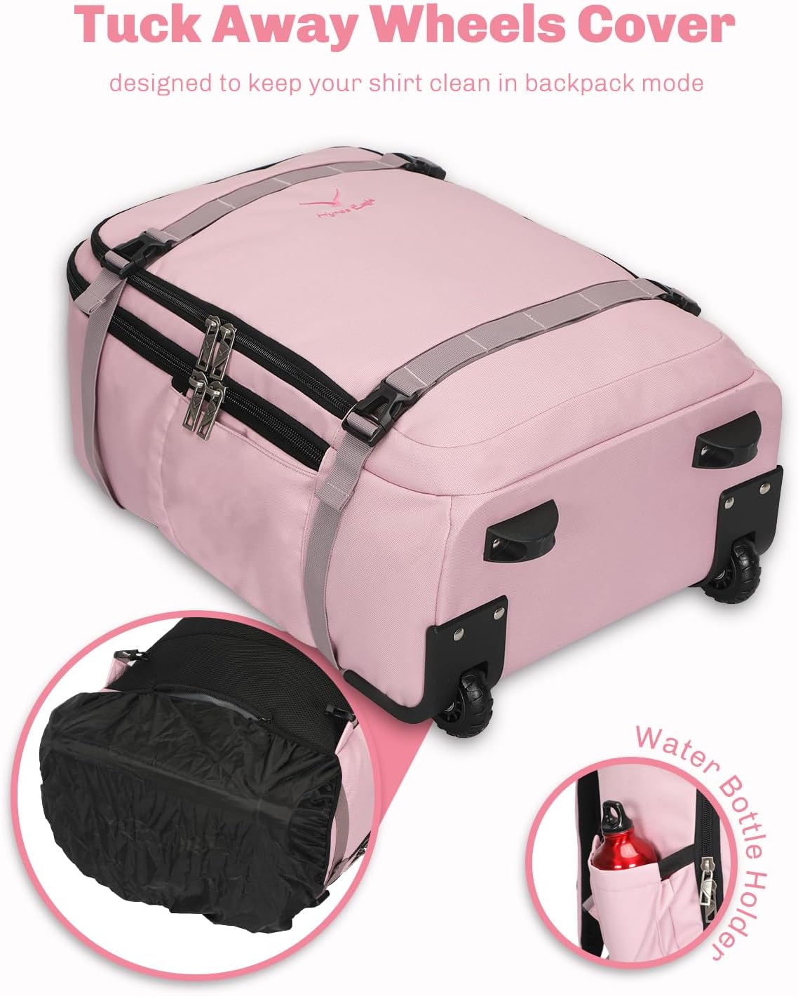 Hynes Eagle Rolling Backpack 42L Backpack with Wheels Airline Approved Carry on Luggage Laptop Travel Suitcase Bag for Women Men Light Pink