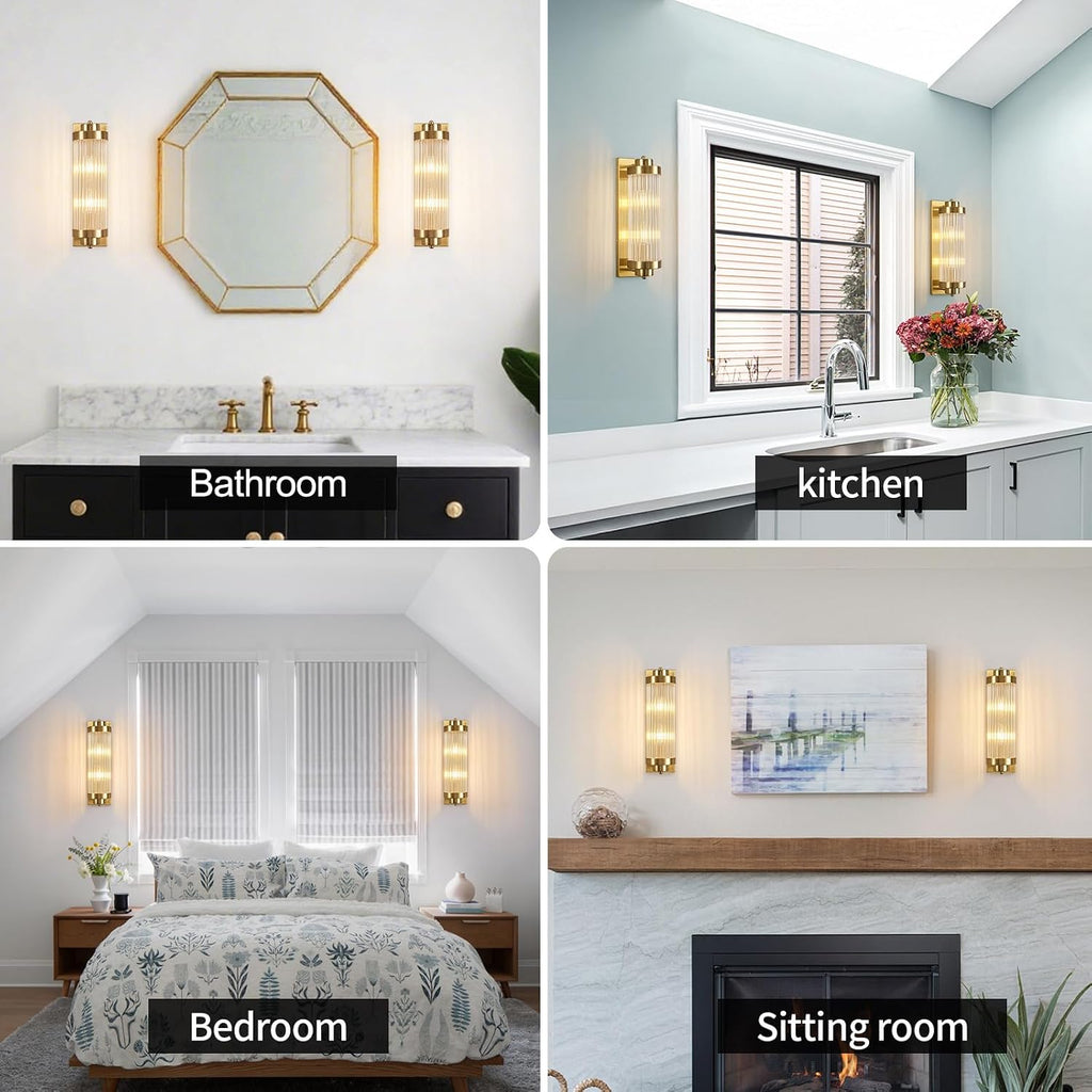 Gold Wall Sconces Set of Two with Crystal Glass Strip Bathroom Sconces Modern Wall Lights for Bedroom Living Room Hallway Wall Light Fixtures, 2 Light E12 Base