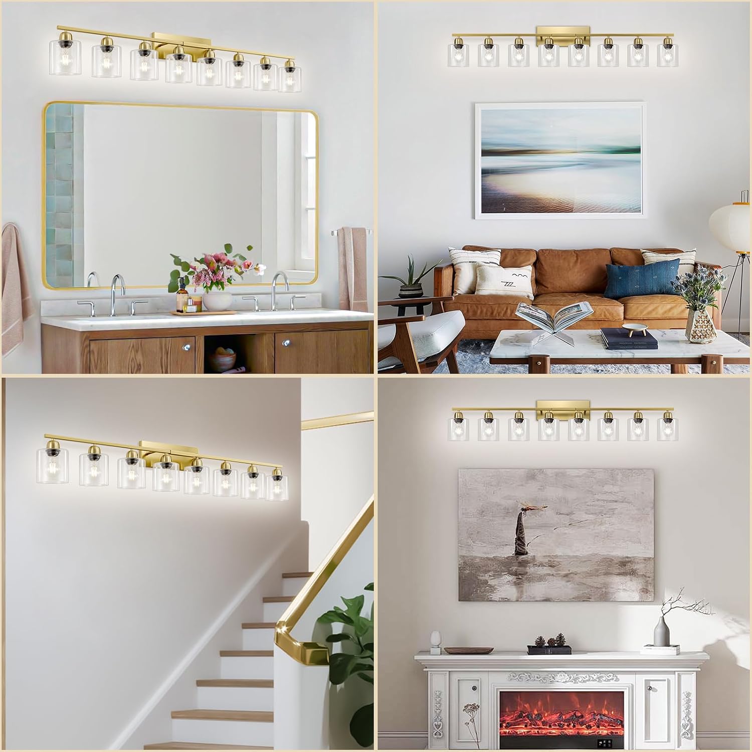 Bath Vanity Lights for Mirror, Restroom Lights Fixtures with Milky White Frosted Glass Shades,Bathroom Over Sink Light Fixtures (Gold & Clear Glass, 8-Light)