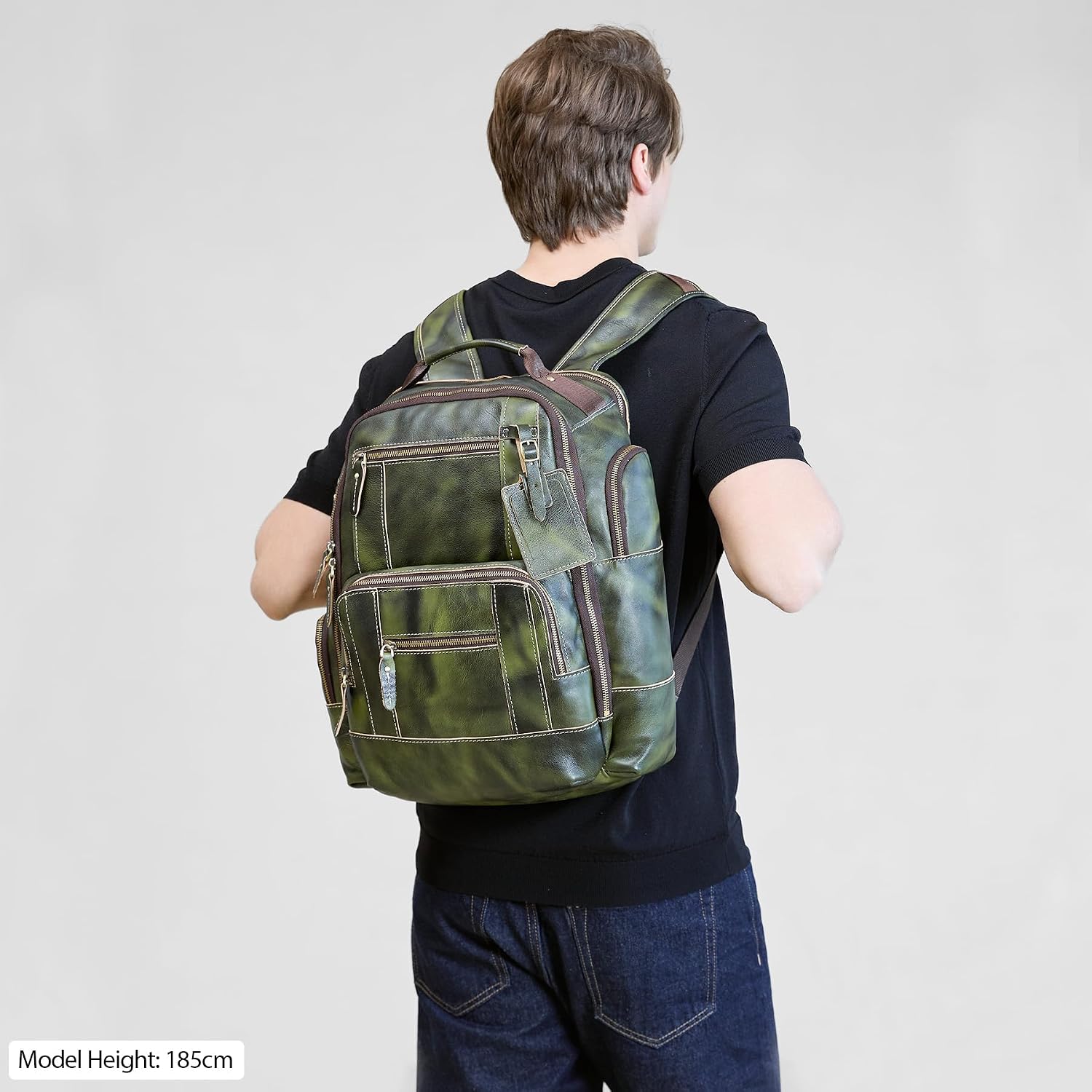 LANNSYNE Vegetable Tanned Leather Backpack for Men, 15.6' Laptop Backpack Camping Travel 24L Rucksack