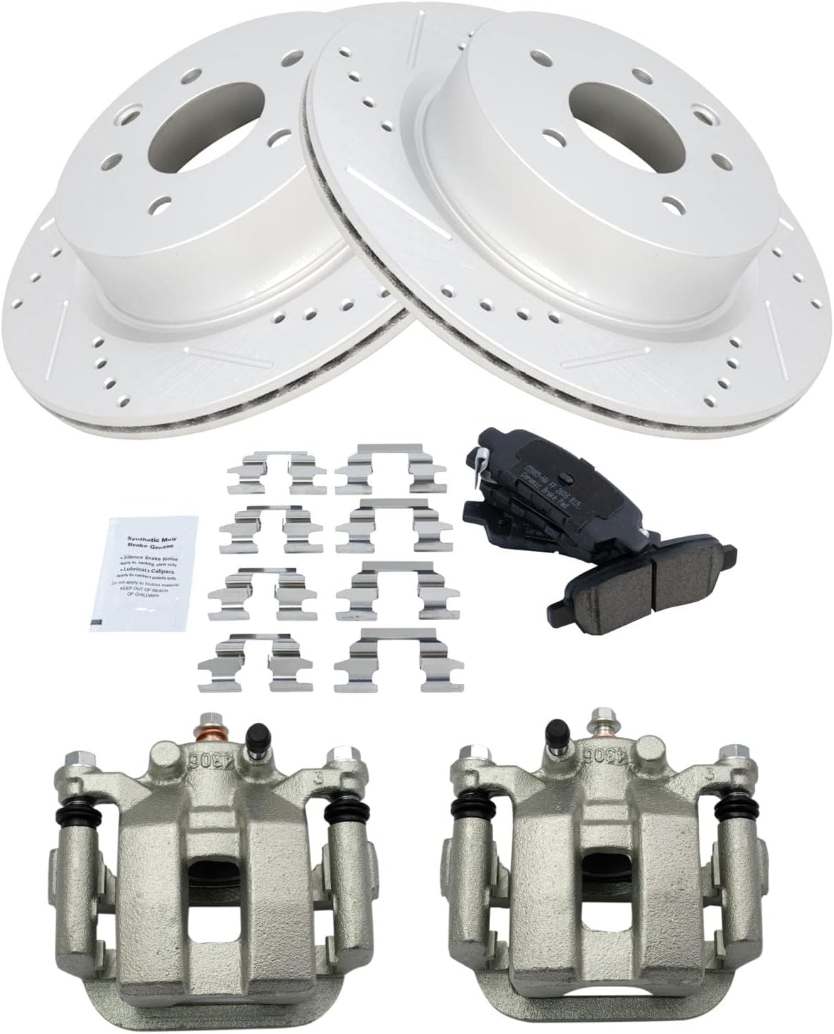 TRQ Performance Rear Brake Pad and Rotor Set Ceramic Vented Coated Rotors Calipers Compatible with 2005 Infiniti G35