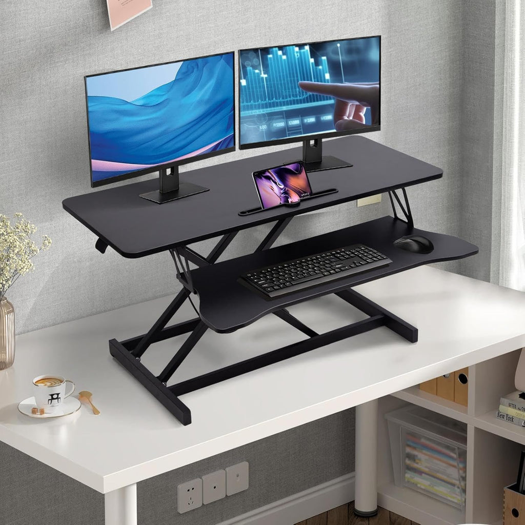 38-inch Standing Desk Converter Height Adjustable Sit to Stand Up Workstation, Duals Monitor and Laptop Riser with Wide Keyboard Tray, for Home, School, Company, Black