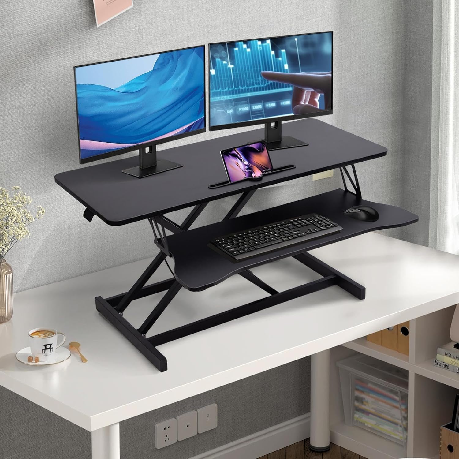 38-inch Standing Desk Converter Height Adjustable Sit to Stand Up Workstation, Duals Monitor and Laptop Riser with Wide Keyboard Tray, for Home, School, Company, Black