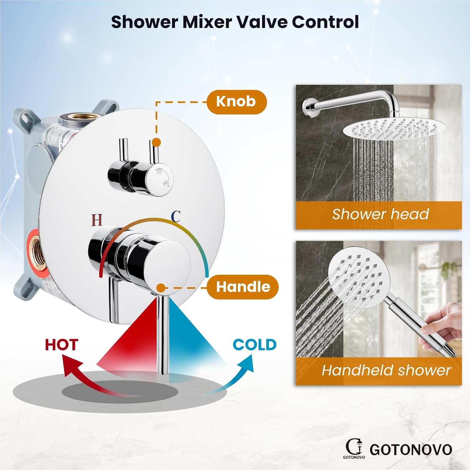 gotonovo Rain Shower System with 10 Inch Round Showerhead and Handheld High Pressure Shower Faucet Set Contain Rough in Valve, Polish Chrome