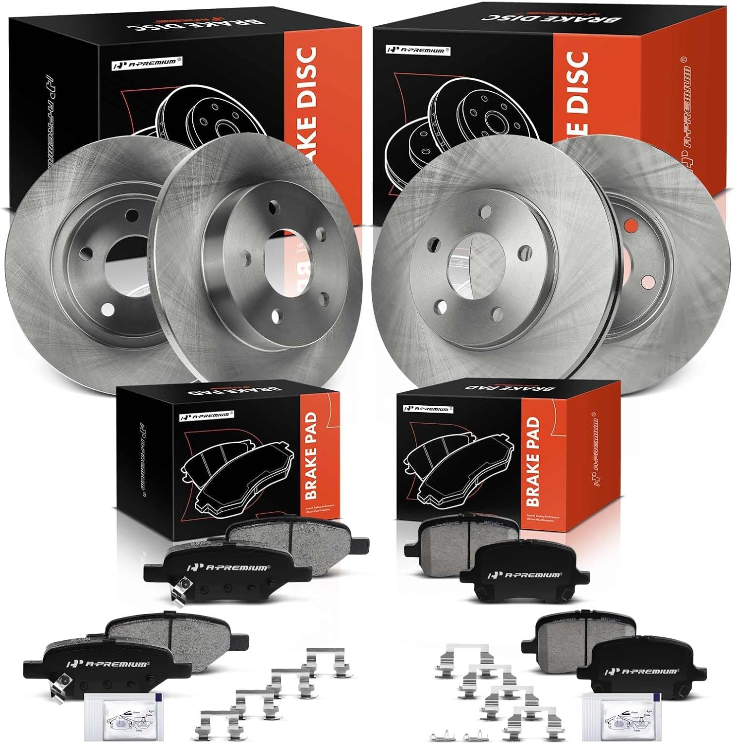A-Premium Front Vented and Rear Solid Disc Brake Rotors + Ceramic Pads Kit Compatible with Select Chevrolet & Pontiac Models - Malibu 2004-2008, G6 2006-2007, 12-PC Set