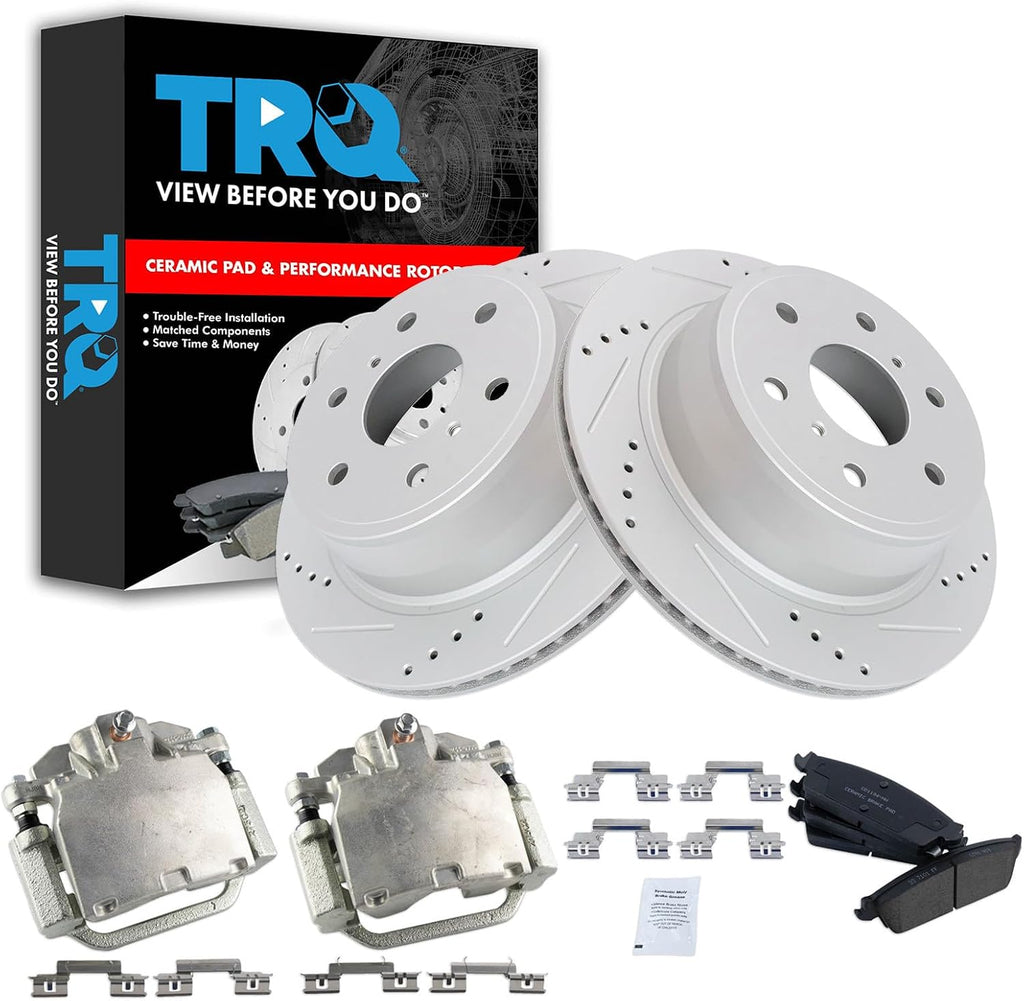 TRQ Performance Rear Brake Pad & Rotor Set Ceramic Drilled Coated Calipers for 07-14 Cadillac Escalade Chevrolet Avalanche Silverado 1500 Suburban 1500 Tahoe GMC Sierra 1500 Yukon Yukon XL 1500