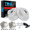 TRQ Performance Rear Brake Pad & Rotor Set Ceramic Drilled Coated Calipers for 07-14 Cadillac Escalade Chevrolet Avalanche Silverado 1500 Suburban 1500 Tahoe GMC Sierra 1500 Yukon Yukon XL 1500