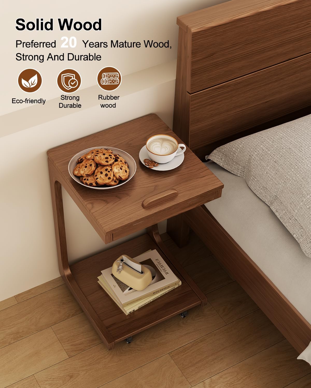 AQIMUELE Wooden C-Shaped End Table,Couch Table with Adjustable Desktop,Small Rolling Side Table with 2 Lockable Wheels,Small End Table for Couch, Living Room,Bedroom (Walnut)